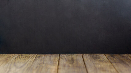 Blank black Chalkboard Background. Empty Wooden table. back to school concept.