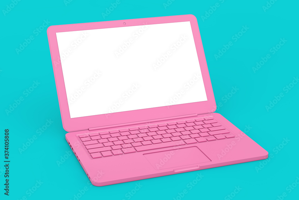 Poster modern pink laptop computer with blank screen for your design in duotone style. 3d rendering