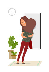 Self-acceptance, Woman hugging with her reflection in the mirror, self care concept illustration.