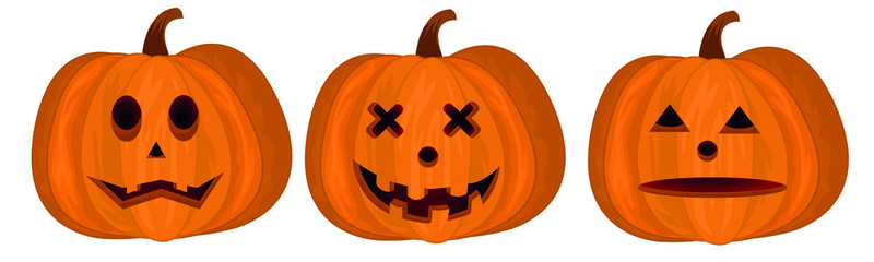 Set of pumpkins for halloween isolated on white background. The main symbol of the holiday Happy Halloween. Orange pumpkins. sticker with a smile for your design for the holiday. Vector illustration.