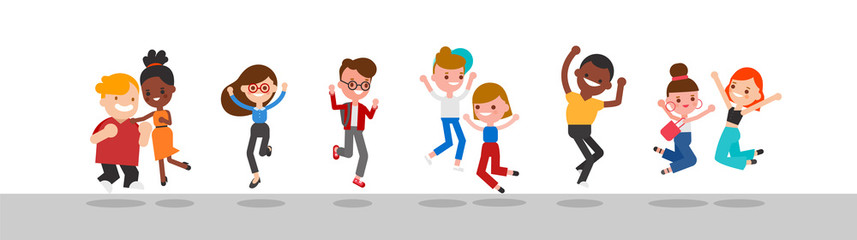 Diverse group of happy people jumping.