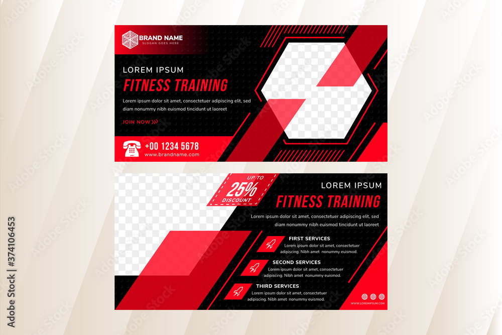 Poster fitness training horizontal layout banner template design use combination red and black colors. hexa