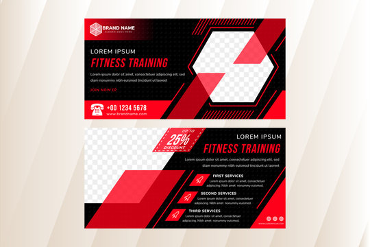 fitness training horizontal layout banner template design use combination red and black colors. hexagon and diagonal space for photo collage. circle pattern. 