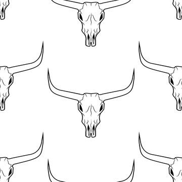 Longhorn skull seamless pattern white background. Bull skull head with horns pattern vector illustration. Texas animal symbol.