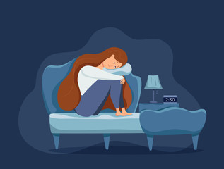 Fototapeta premium Sleepy awake woman in bed suffers from insomnia. Vector illustration