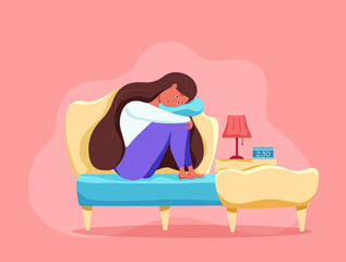 Sleepy awake woman in bed suffers from insomnia. Vector illustration