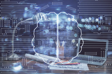 Multi exposure of work space with computer and human brain hologram. Brainstorm concept.