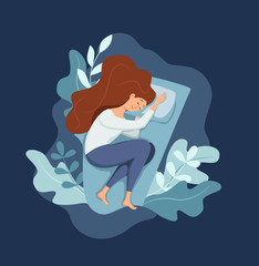 Woman sleep in bed at night vector illustration. Girl in pajama having a sweet dream in bedroom.