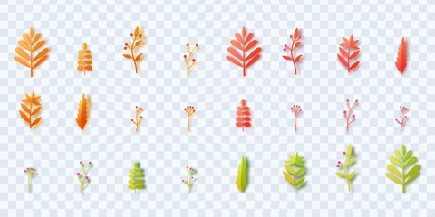 Set of colored autumn leaves in paper cut style. Collection of red, yellow, orange and green leaf and berries cut out of cardboard. Different vector 3d plants and herbs for autumn card design
