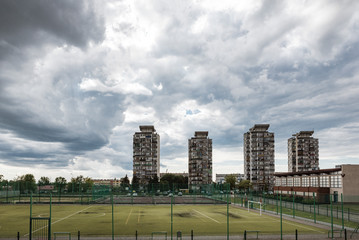 Old prefabricated skyscrapers built during the socialist era in Polkowice, Poland