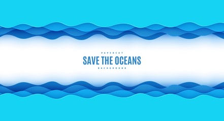 Wavy border in paper cut style. World Oceans Day 8 June cut out from cardboard blue waves. Vector 3d ecological poster cut out from paper. Craft save the sea card. Origami water for your design