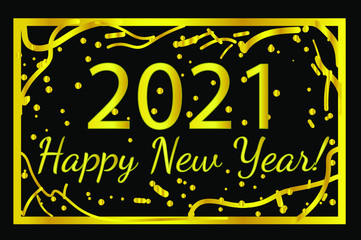 2021 Happy New Year vector illustration, new year banner in  gold and black colors with confetti