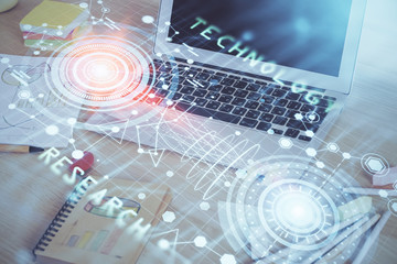 Double exposure of computer and technology theme hud. Concept of innovation.