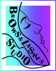 brows and lashes studio banner. Vector gradient banner with line art portrait and lettering