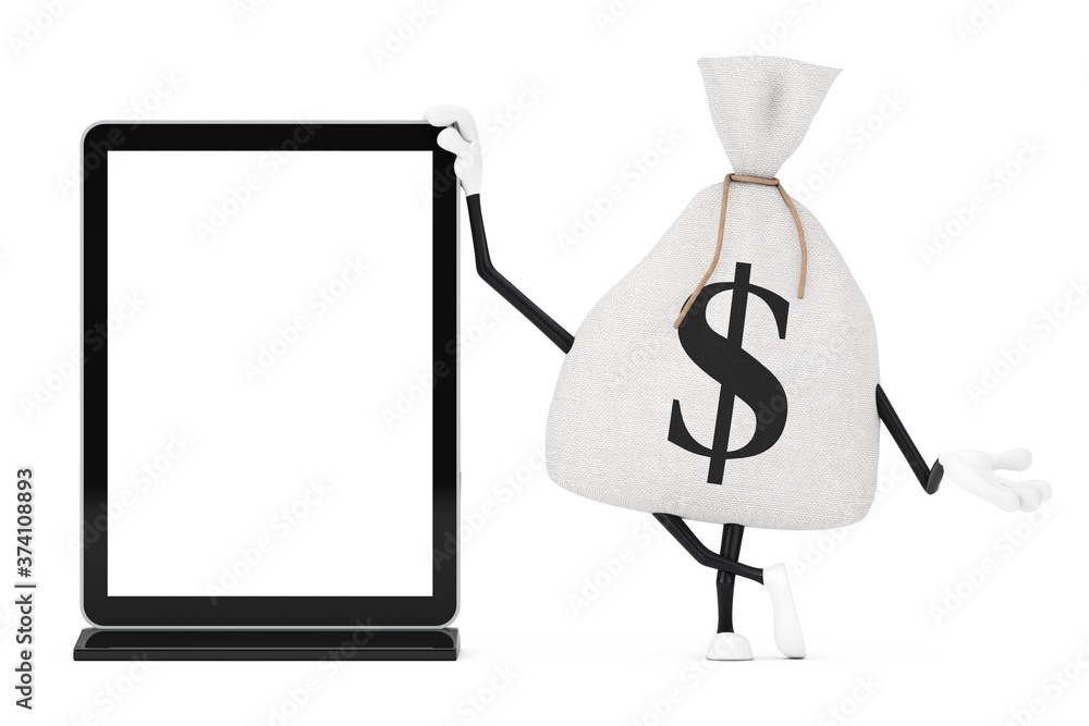 Poster tied rustic canvas linen money sack or money bag and dollar sign character mascot with blank trade s