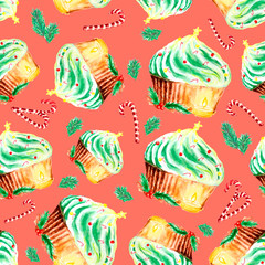 Watercolor christmas cake seamless pattern. merry christmas pattern with christmas cake, candy cane, spruce branches (christmas tree branches) on white background
