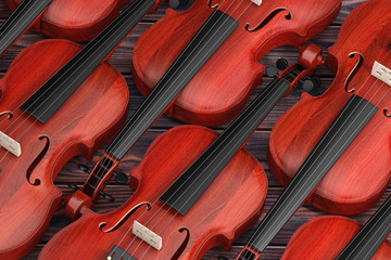 Rows of Vintage Red Wooden Violins. 3d Rendering © doomu