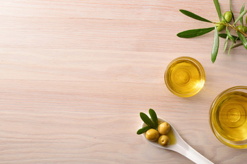 Vegetable olive oil in glass bowls on kitchen bench top