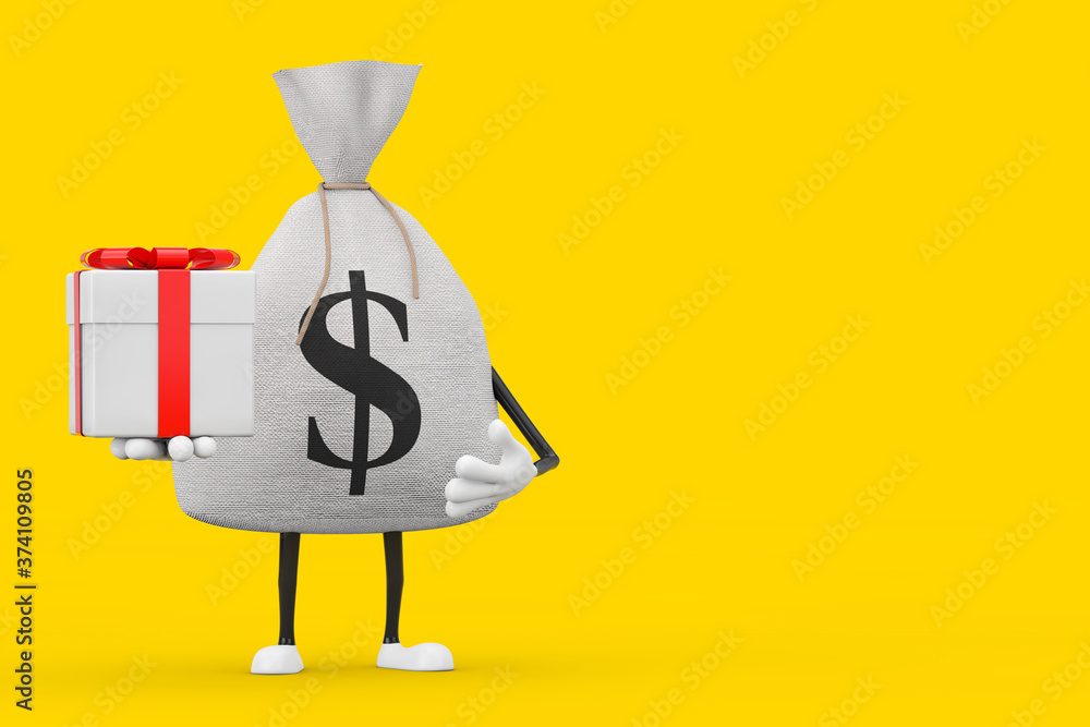 Poster tied rustic canvas linen money sack or money bag and dollar sign character mascot with gift box and 
