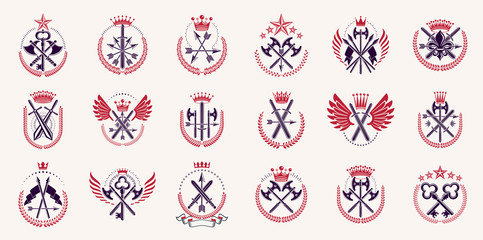 Weapon logos big vector set, vintage heraldic military emblems collection, classic style heraldry design elements, ancient knives spears and axes symbols.
