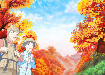 Obraz na płótnie Canvas タイトルを乗せやすい余白のある秋の紅葉の背景と登山するシニア夫婦【水彩風】 