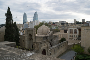 Historic Buildings in the Old Town of Baku with Flame Towers Skyscrapers Backdrop, Azerbaijan