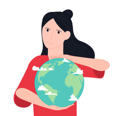 Girl holding the planet vector illustration cartoon flat design modern style 