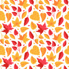 Fototapeta na wymiar Seamless pattern with red and orange autumn leaves. Unique design for gift paper, fill drawings, background web pages, autumn greeting cards.