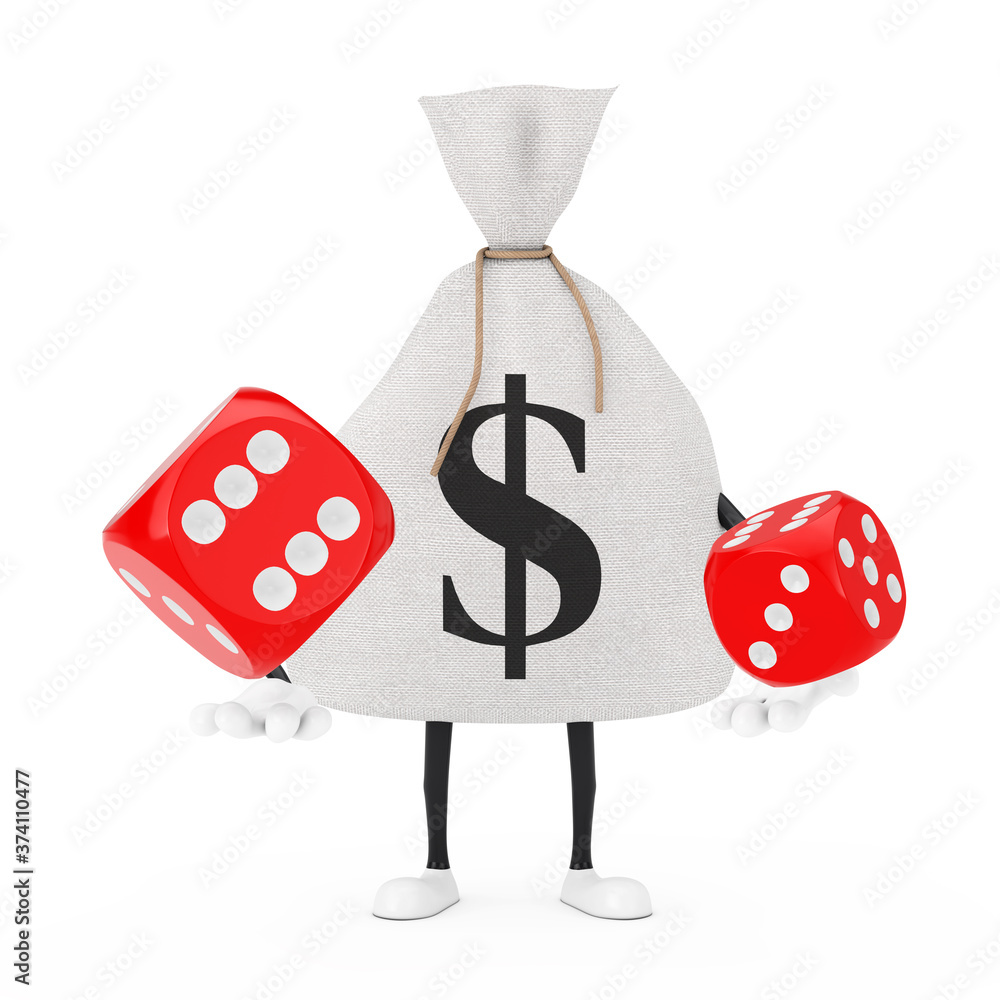 Leinwandbilder tied rustic canvas linen money sack or money bag and dollar sign character mascot with red game dice