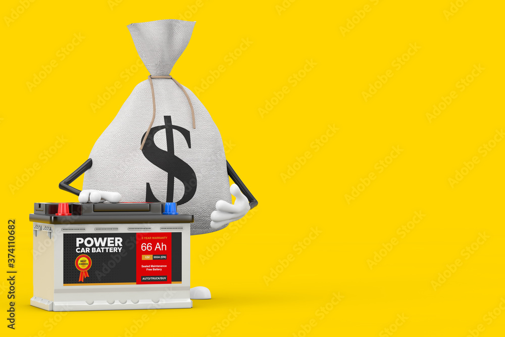 Poster tied rustic canvas linen money sack or money bag and dollar sign character mascot with rechargeable 
