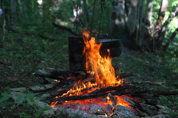 Food is being prepared on a fire in the forest. Hike