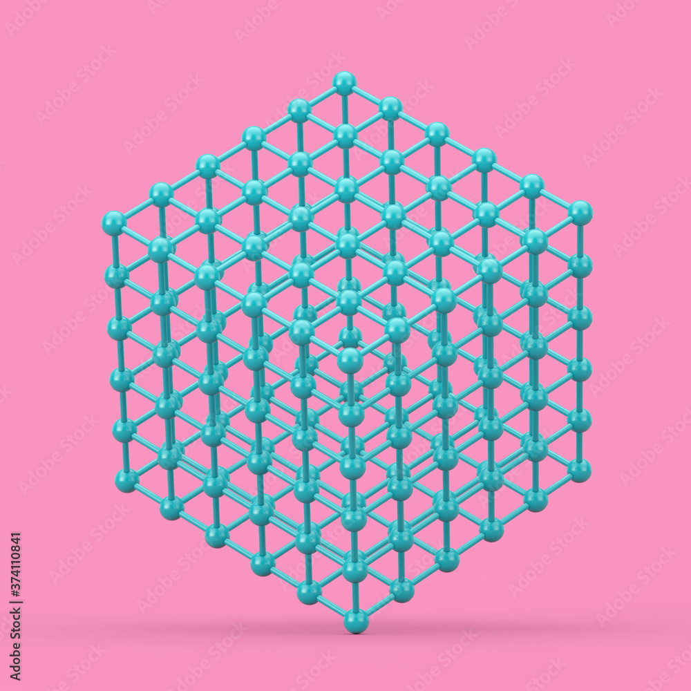 Aufkleber Digital Data Visualization Concept. Abstract Blue Wireframe Atom Mesh Cube in Duotone Style. 3d Rendering
