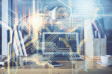 Multi exposure of table with computer and world map hologram. International data network concept.