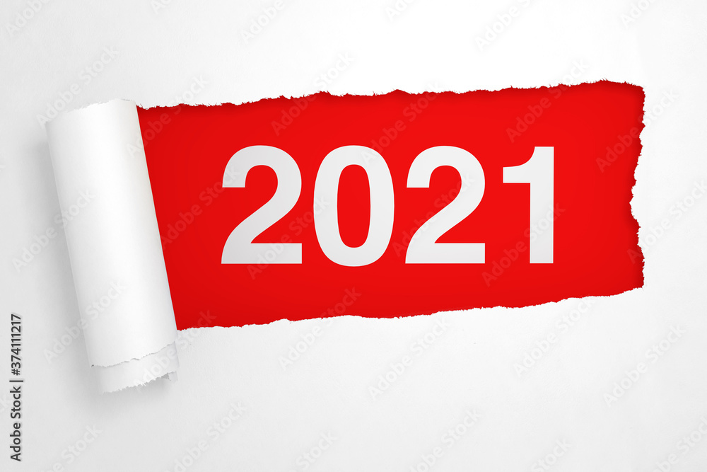 Poster 2021 new year sign in the hole of torn white paper. 3d rendering
