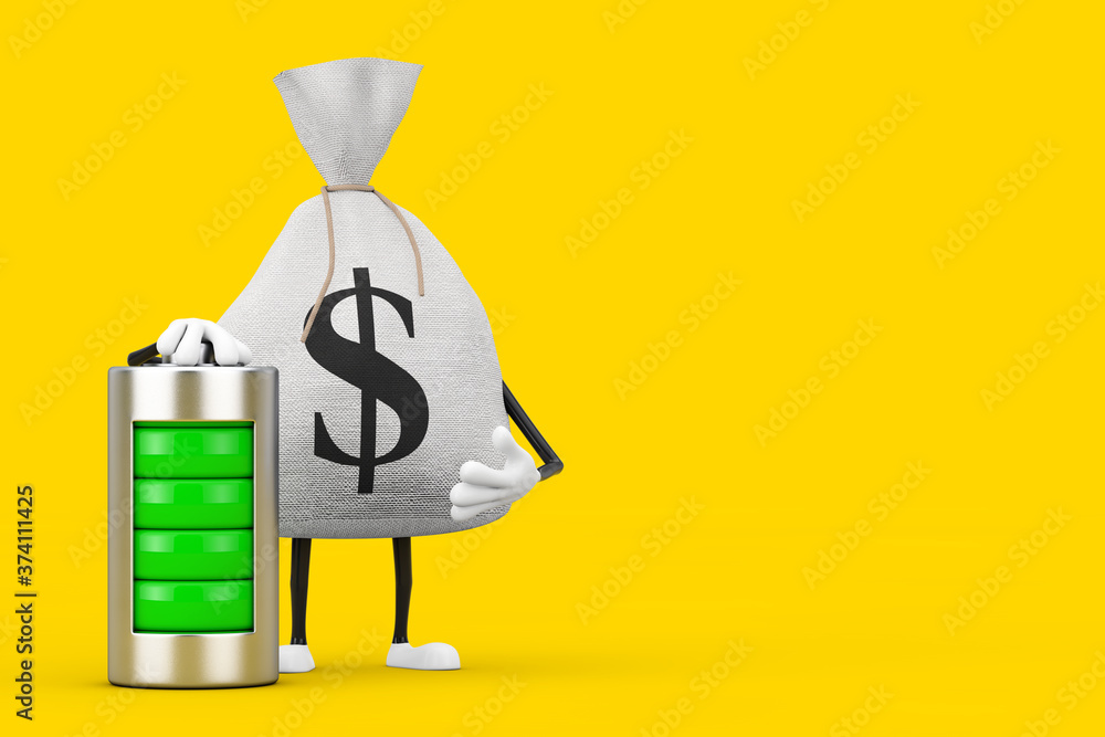 Poster tied rustic canvas linen money sack or money bag and dollar sign character mascot with abstract char