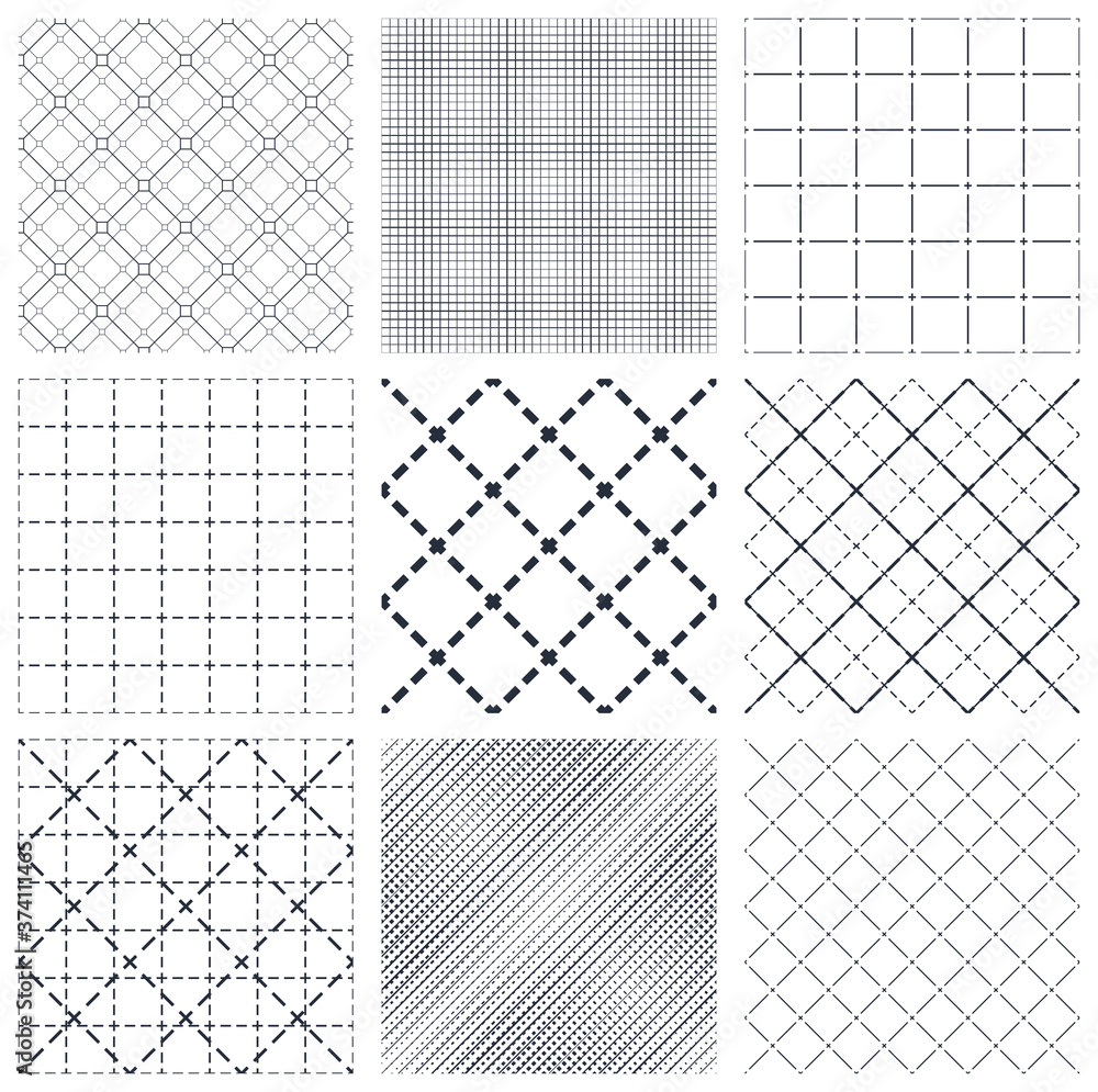 Poster geometric seamless patterns set, abstract minimalistic and simple lined and crossed backgrounds, wal