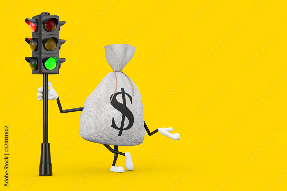 Poster Tied Rustic Canvas Linen Money Sack or Money Bag and Dollar Sign Character Mascot with Traffic Green Light. 3d Rendering