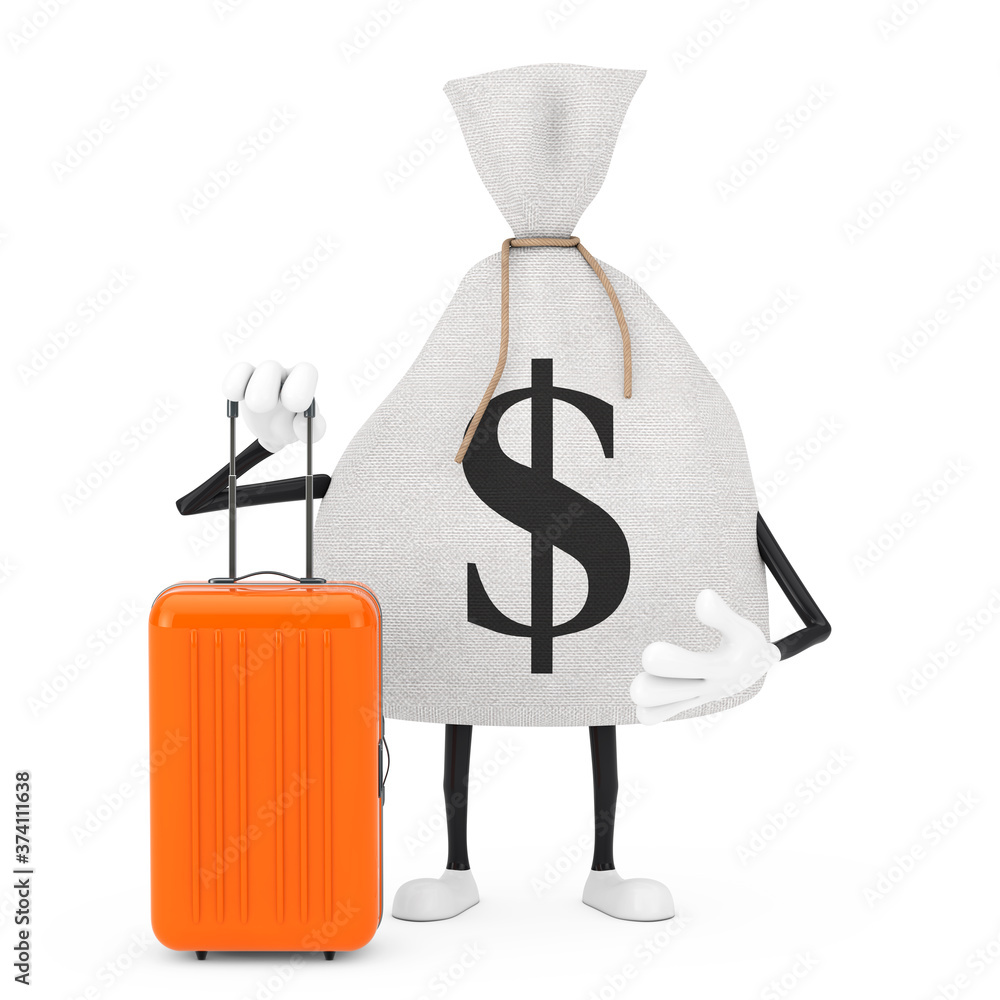 Aufkleber tied rustic canvas linen money sack or money bag and dollar sign character mascot with orange travel