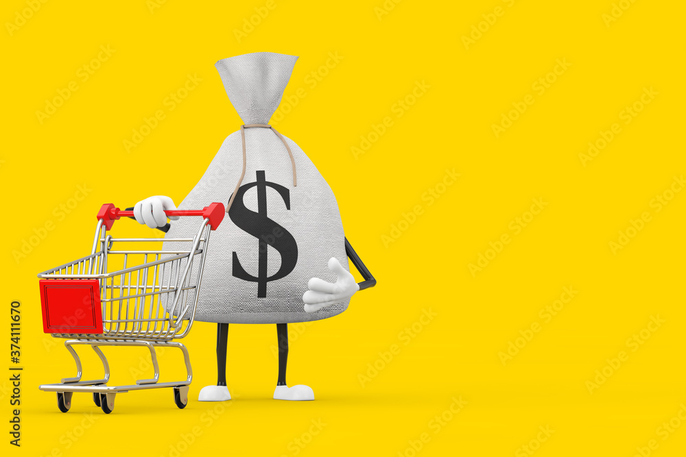Poster tied rustic canvas linen money sack or money bag and dollar sign character mascot with shopping cart