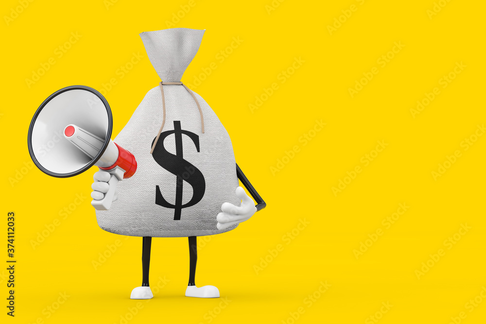 Poster tied rustic canvas linen money sack or money bag and dollar sign character mascot with red retro meg