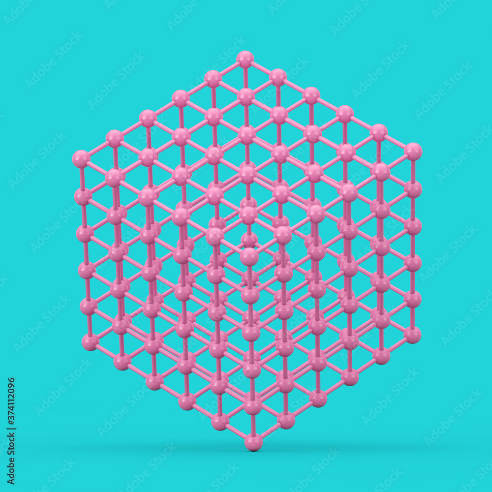 Aufkleber Digital Data Visualization Concept. Abstract Pink Wireframe Atom Mesh Cube in Duotone Style. 3d Rendering