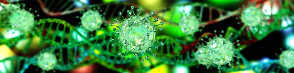 Obraz na płótnie Canvas Virus close-up on blurry DNA background, 3d rendering