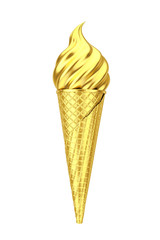 Gold Soft Serve Ice Cream in Golden Waffle Crispy Ice Cream Cone. 3d Rendering