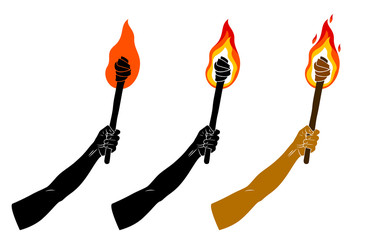 Torch in a hand raised up vector illustration, Prometheus, flames of fire, bring the light to the dark, conceptual allegory art.