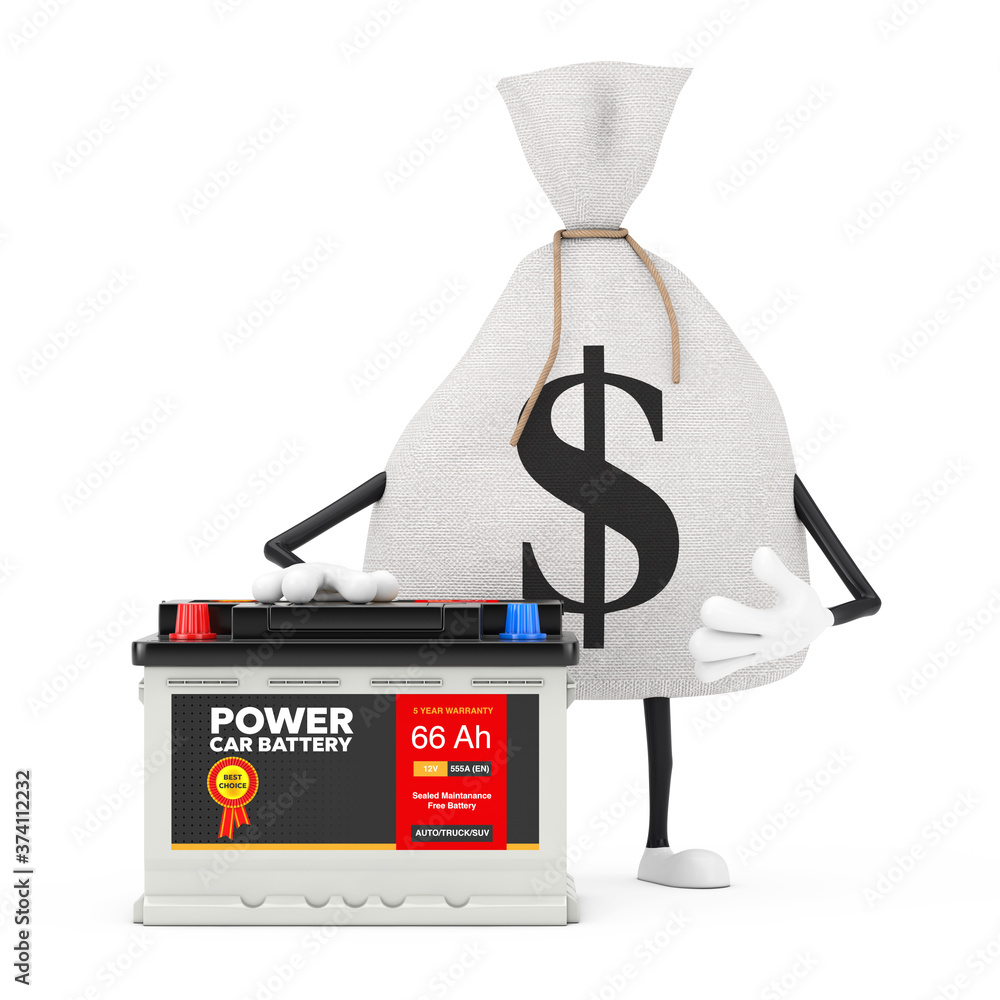 Poster tied rustic canvas linen money sack or money bag and dollar sign character mascot with rechargeable 