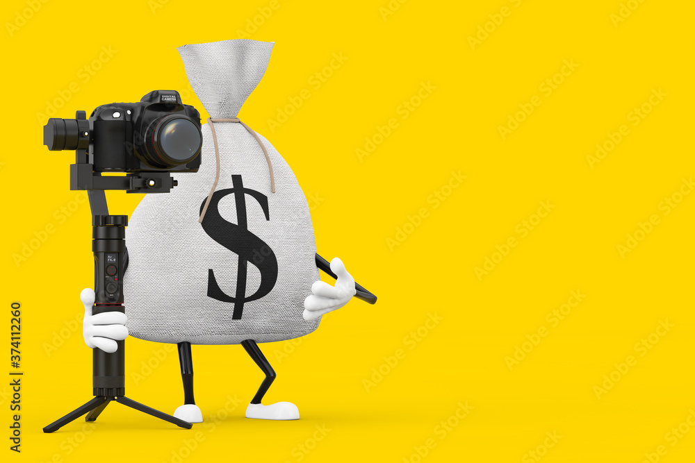 Leinwandbilder Tied Rustic Canvas Linen Money Sack or Money Bag and Dollar Sign Character Mascot with DSLR or Video Camera Gimbal Stabilization Tripod System. 3d Rendering