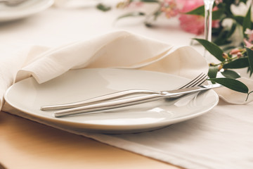 Beautiful table setting in restaurant, closeup