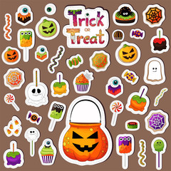 Halloween sweets stickers set. Many types traditional halloween desserts. Trick or treat elements, design treats icons collection. Treat bowl, candy, apples, eyeball, jelly. Scrapbook template images.