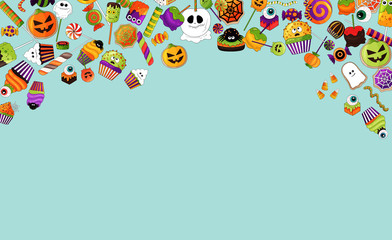 Halloween background. Party invitation template. Trick or treat, sweets for children. Popular delicious on Halloween. Candy, jelly, cupcakes, lollipops, cookies. Spooky desserts. Hand drawn food icons
