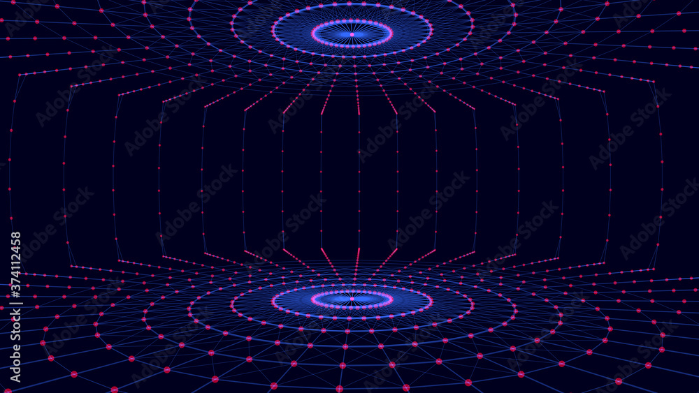 Poster Abstract digital background of two circles with connection red dots and blue lines. Concept network connection and big data. Centric composition.